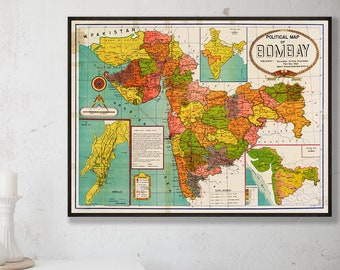 Afdruk politieke kaart Bombay: vintage muurkunst Mumbai