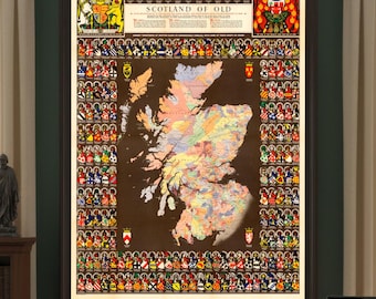 Impresión del mapa de clanes escoceses: Escocia antigua, escudos heráldicos