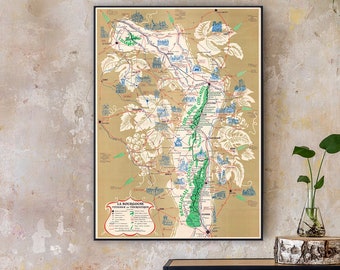 Carte des vins de Bourgogne, circuits viticoles de la région de Bourgogne, appellation d'origine, carte des vins de France, art mural des vins de Bourgogne.