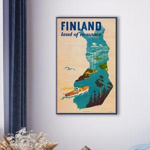 Entdecke Finland: 1950 Land of Romance Vintage Poster