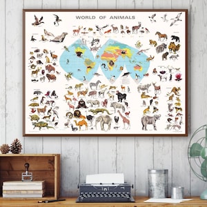 Tierarten auf der ganzen Welt, Ökosysteme Kunst, Weltkarte der Wildtiere, Karte der Fauna, Lerndruck für Kinder, Zoologie Wandkunst.