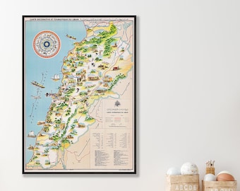 Vintage Lebanon Map Art Print, Pictorial Decor
