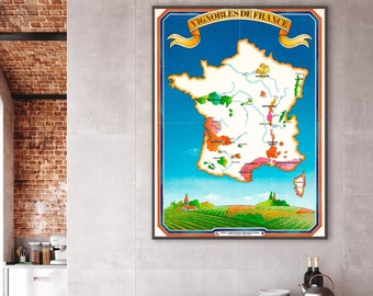 Carte des régions viticoles de France, Vignobles de France, impression d'art de carte vintage des vins de France, décoration murale de carte des vins, cadeau vins de France, art de la carte des vins.
