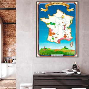 Carte des régions viticoles de France, Vignobles de France, impression d'art de carte vintage des vins de France, décoration murale de carte des vins, cadeau vins de France, art de la carte des vins.