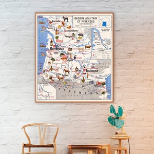 Bassin Aquitain et Pyrenees - Carte Economique, school map of the historical region of southwestern France, Aquitaine map print.
