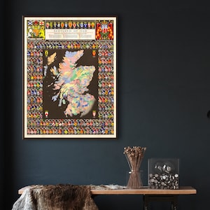 Carte des clans d'Écosse, carte des clans écossais, ancienne Écosse, territoires des clans, boucliers héraldiques avec leurs écussons et devises.