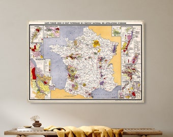Carte des vins de France, carte des vins de France vintage, grande affiche de vin, décoration murale de vin, cadeau d'art du vin.