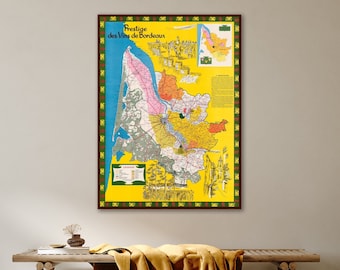 Carte des vins de Bordeaux, carte illustrée vintage de la Gironde mettant l'accent sur les vins de Bordeaux et les vignobles de la région, décoration viticole.
