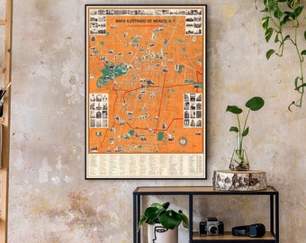 Mexico City map vintage, Illustrated Map of Mexico City, Mexico City decor, Mexico gift, Mexico City poster map, Mexican art print.