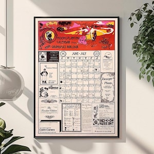 Moon and Planting Calendar, vintage astrological and botanical calendar for June and July, gardening poster print, planting tips art.
