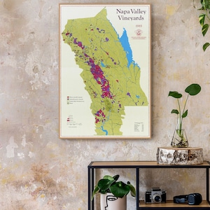 Napa Valley-wijngaardenkaart, wijnbouwkaart, wijndecor, Napa Valley-wijnkunst aan de muur.