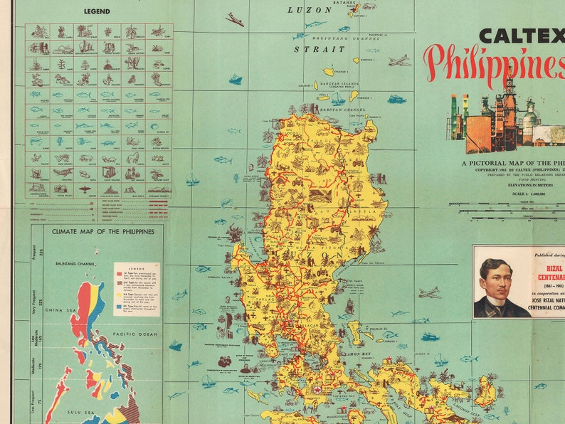 Puede incluir: Un mapa vintage de Filipinas con un esquema de color amarillo y verde. El mapa est&aacute; ilustrado con varios iconos que representan los recursos naturales, la vida silvestre y las industrias del pa&iacute;s. El mapa se titula "Caltex Philippines" e incluye una leyenda y un mapa clim&aacute;tico de Filipinas.