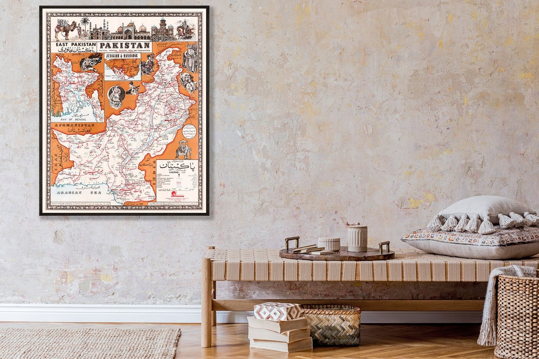 Pakistan Art Map, Pakistan Decor Vintage, Pakistan Wall Art, Pakistan