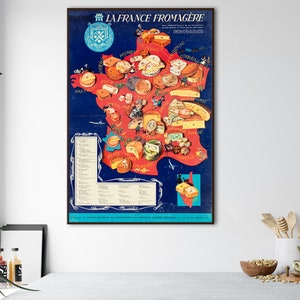 Vintage French Cheese Map, Cheeses of France, France Cheese Poster, Cheese Gifts, Cheese Guide, Kitchen Decor, Kitchen Wall Art, Foodie Gift
