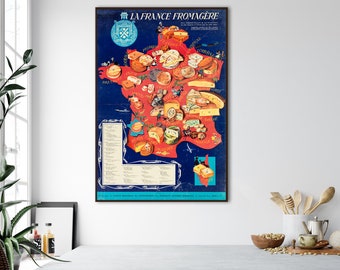 Carte vintage des fromages français, fromages de France, affiche de fromages de France, cadeaux de fromages, guide des fromages, décoration de cuisine, art mural de cuisine, cadeau pour gourmets