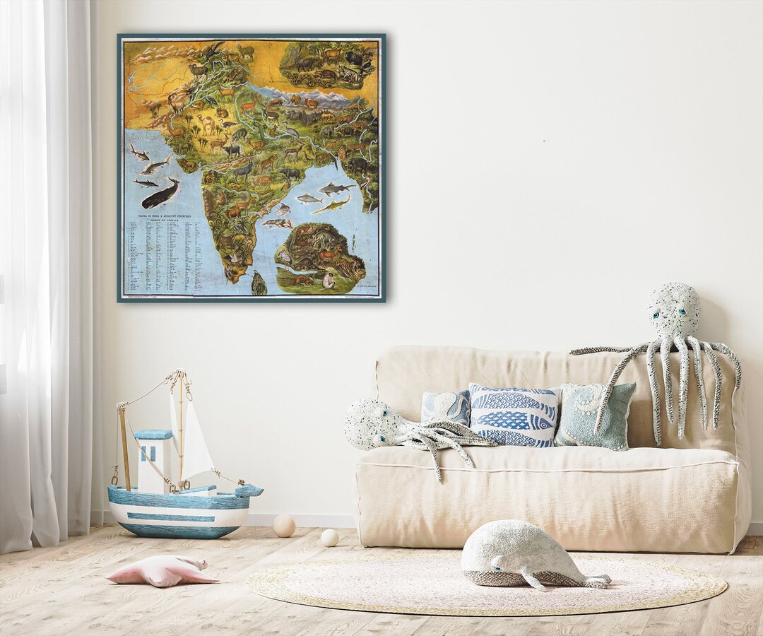 Fauna of India Map Art: Vintage Pictorial Wall Map - Etsy