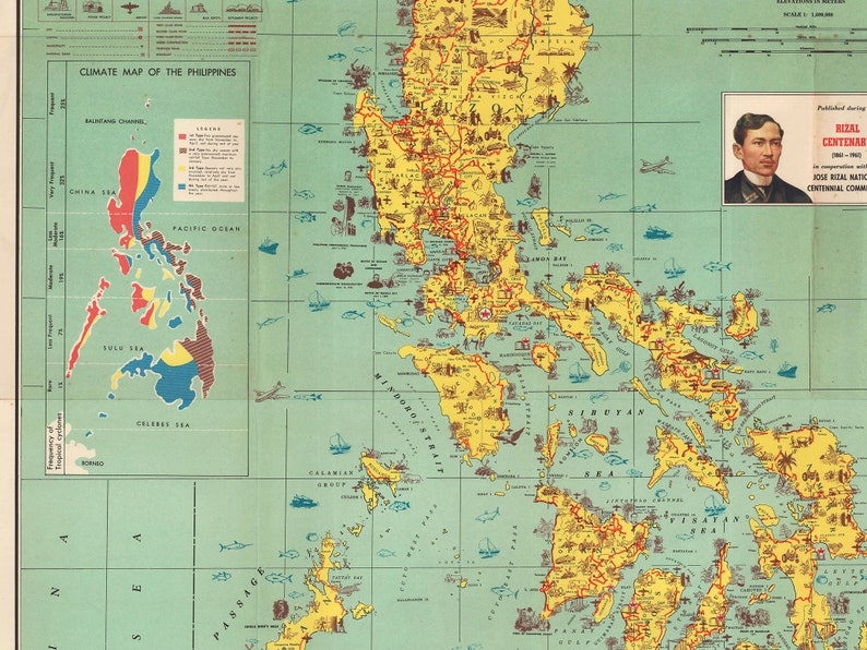 Puede incluir: Un mapa vintage de Filipinas, que muestra las islas y los mares circundantes. El mapa est&aacute; codificado por colores para indicar las diferentes zonas clim&aacute;ticas. El mapa tambi&eacute;n incluye una leyenda y un peque&ntilde;o mapa insertado de Filipinas. El mapa est&aacute; titulado "Climate Map of the Philippines".