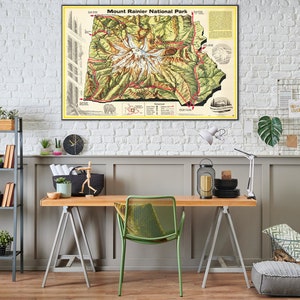 Carte du parc national du mont Rainier, art mural pour guide de montagne, cadeau pour alpiniste, grande décoration murale du mont Rainier.