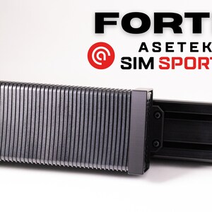 May include: A black and silver FORTE Asetek Sim Sports racing simulator component with a ribbed design. The component is mounted on a black track.