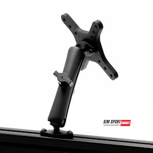 May include: Black monitor mount with a four-hole mounting plate. The mount has an adjustable arm with a knob and is attached to a black bar. The text "SIM SPORT GADGET" is visible in the lower right corner.