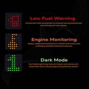 May include: A black graphic with three sections displaying information. The top section shows a red fuel warning, the middle section displays engine monitoring, and the bottom section shows dark mode. Text describes each function.
