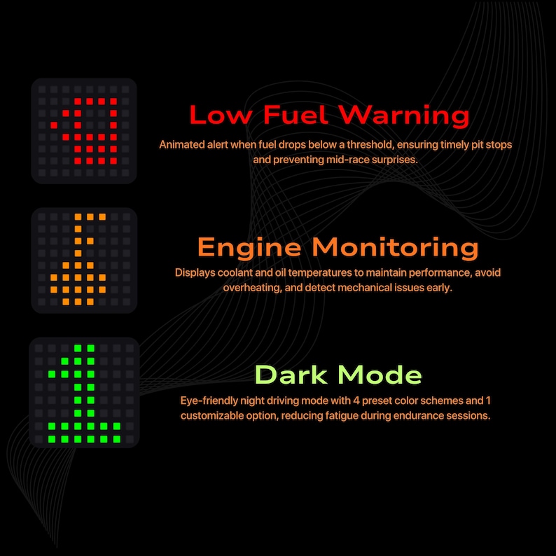 May include: A black graphic with three sections displaying information. The top section shows a red fuel warning, the middle section displays engine monitoring, and the bottom section shows dark mode. Text describes each function.