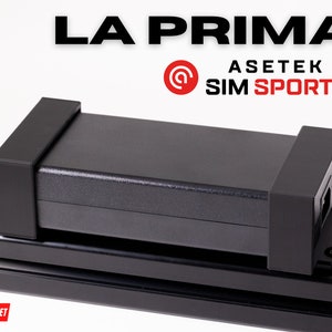 May include: A black power supply unit with a black power cord attached. The power supply is mounted on a black metal track with a black bracket. The power supply has the text "Asetek Sim Sports" printed on it.