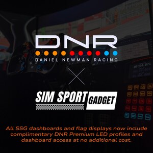 May include: Black background with the logos of DNR (Daniel Newman Racing) and Sim Sport Gadget. The DNR logo features the letters DNR in white with colored dots. The Sim Sport Gadget logo is white with a checkered pattern.
