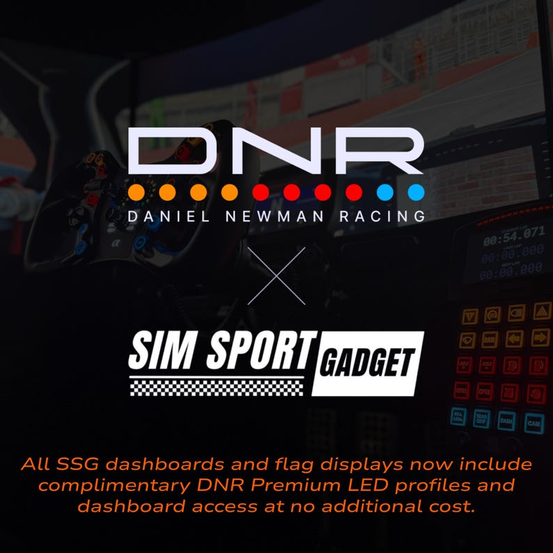 May include: Black background with the logos of DNR (Daniel Newman Racing) and Sim Sport Gadget. The DNR logo features the letters DNR in white with colored dots. The Sim Sport Gadget logo is white with a checkered pattern.