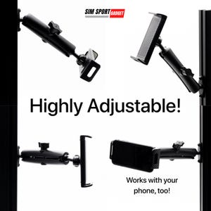 May include: Black adjustable phone and tablet holder with the text "Highly Adjustable!" and "Works with your phone, too!" The holder is mounted on a black pole and features a ball joint for flexible positioning.