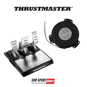 May include: A black and silver racing pedal set with three pedals, a brake pedal, a clutch pedal, and an accelerator pedal. The pedals are mounted on a black base with a silver textured surface. The set is connected to a black round device with a silver label that says "Thrustmaster".