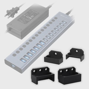 May include: A silver rectangular USB hub featuring sixteen ports with blue LED indicators, a power supply brick with a two-prong plug, and four black plastic mounting brackets with screw holes for installation. The brand name ACASIS is visible.