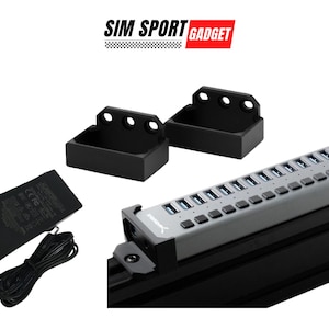 May include: A black USB hub with 16 ports, a black power adapter, and two black mounting brackets. The USB hub is labeled "SIM SPORT GADGET".