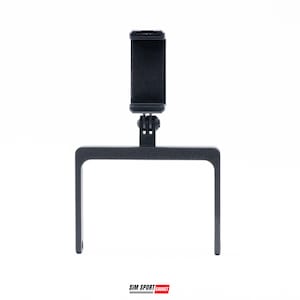May include: A black smartphone holder with a rectangular frame and a phone clip. The holder is designed to attach to a tripod or other mounting device. The brand name "SIM SPORT GADGET" is printed at the bottom.