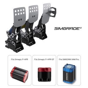 Peut inclure: Ensemble de trois pédales de course argentées et noires avec le texte "SIMGRADE". En dessous, trois images de produits : un cylindre noir et rouge, un cylindre noir et rouge et un cylindre bleu et noir. Le texte "Fits Simagic P-HPR", "Fits Simagic P-HPR GT" et "Fits SIMSONN VAM Pro" est également présent.