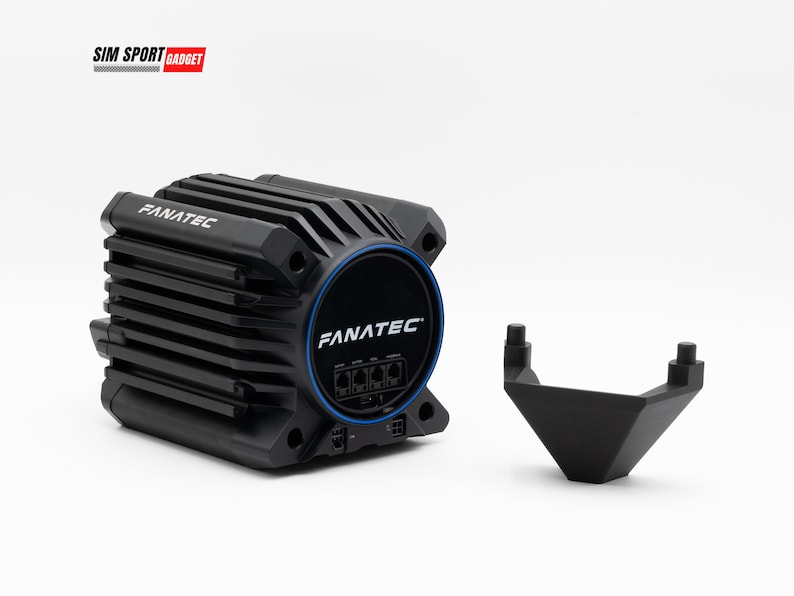 May include: A black Fanatec Direct Drive wheel base with a blue trim and a black stand. The wheel base has a series of ports and connectors on the side.