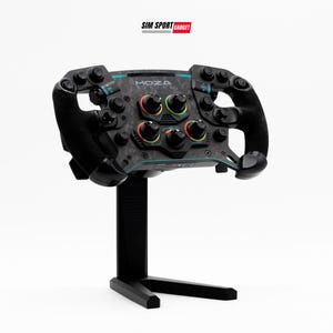 May include: A black and grey racing wheel with numerous buttons and dials, mounted on a black stand. The wheel features the text "MOZA Racing" and "SIM SPORT GADGET".