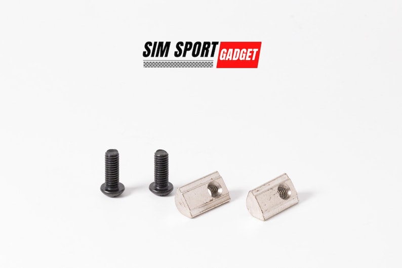 May include: Two black screws and two silver T-slot nuts for mounting a piece of equipment. The nuts have a triangular shape and a threaded hole. The screws have a hexagonal head.