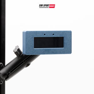 May include: A blue rectangular digital display housing with a black screen, mounted on a black adjustable arm. The text SIM SPORT GADGET is printed above the device. The housing features a textured finish and two small circular holes above the screen.