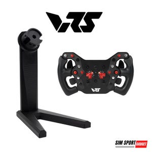 May include: Black racing wheel and stand set. The wheel has red and silver buttons and dials. The stand is black and has a sturdy base. The logo "VRS" is displayed above the wheel. The text "SIM SPORT GADGET" is at the bottom.