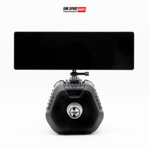 May include: A black rectangular screen is mounted on a black device with a round base. The device has a series of ridges and a circular connector. The text "SIM SPORT GADGET" is displayed in a red and white rectangle.