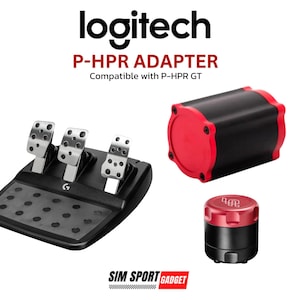 May include: A black Logitech P-HPR adapter with red accents, compatible with P-HPR GT. The image also shows a set of racing pedals and a small black and red component. The logo "SIM SPORT GADGET" is at the bottom.