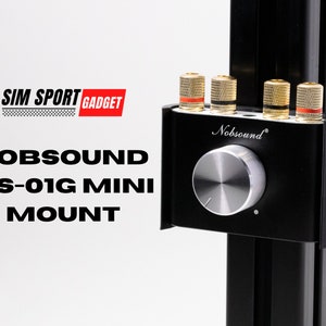 Puede incluir: Un amplificador negro Nobsound NS-01G Mini Mount con una perilla de volumen plateada y terminales de altavoz de color dorado. El amplificador está montado en una vía de metal negro.