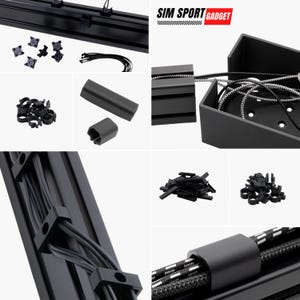 May include: Black cable management system with multiple cable clips, a black cable holder, and a black cable channel. The system is designed to organize and manage cables for a clean and organized workspace. The image also includes the text "SIM SPORT GADGET".