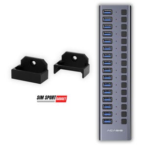 Peut inclure: Un hub USB Acasis gris doté de seize ports USB bleus et de seize boutons d'alimentation noirs individuels disposés en colonne verticale, accompagné de deux supports de montage en plastique noir avec des trous circulaires.