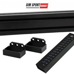 May include: Black aluminum rail with two black plastic brackets and a black USB hub with 12 ports. The USB hub has the text "SIM SPORT GADGET" on it.