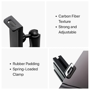 May include: A black tablet holder with a carbon fiber texture. Features include rubber padding, a spring-loaded clamp, and adjustable design. The holder is designed to securely hold a tablet.