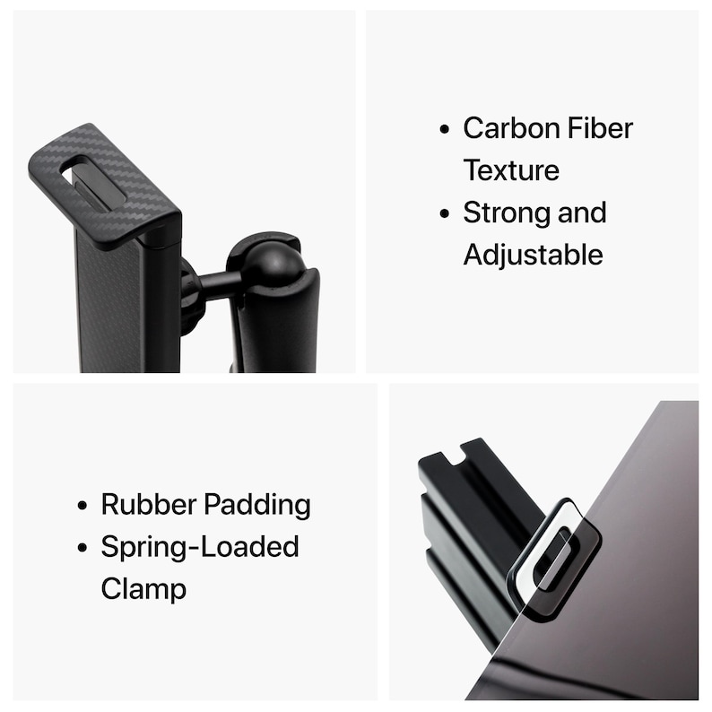 May include: A black tablet holder with a carbon fiber texture. Features include rubber padding, a spring-loaded clamp, and adjustable design. The holder is designed to securely hold a tablet.