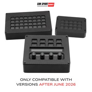 May include: Three black carbon fiber textured button boxes for sim racing. The top left has 28 buttons, the top right has 12 buttons, and the bottom unit features 8 buttons, a display screen, and 4 rotary knobs. Text reads SIM SPORT GADGET and ONLY COMPATIBLE WITH VERSIONS AFTER JUNE 2026.