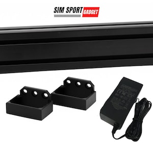 May include: Black aluminum rail with two black plastic brackets and a black power adapter with a cord. SIM SPORT GADGET is printed in red on the rail.
